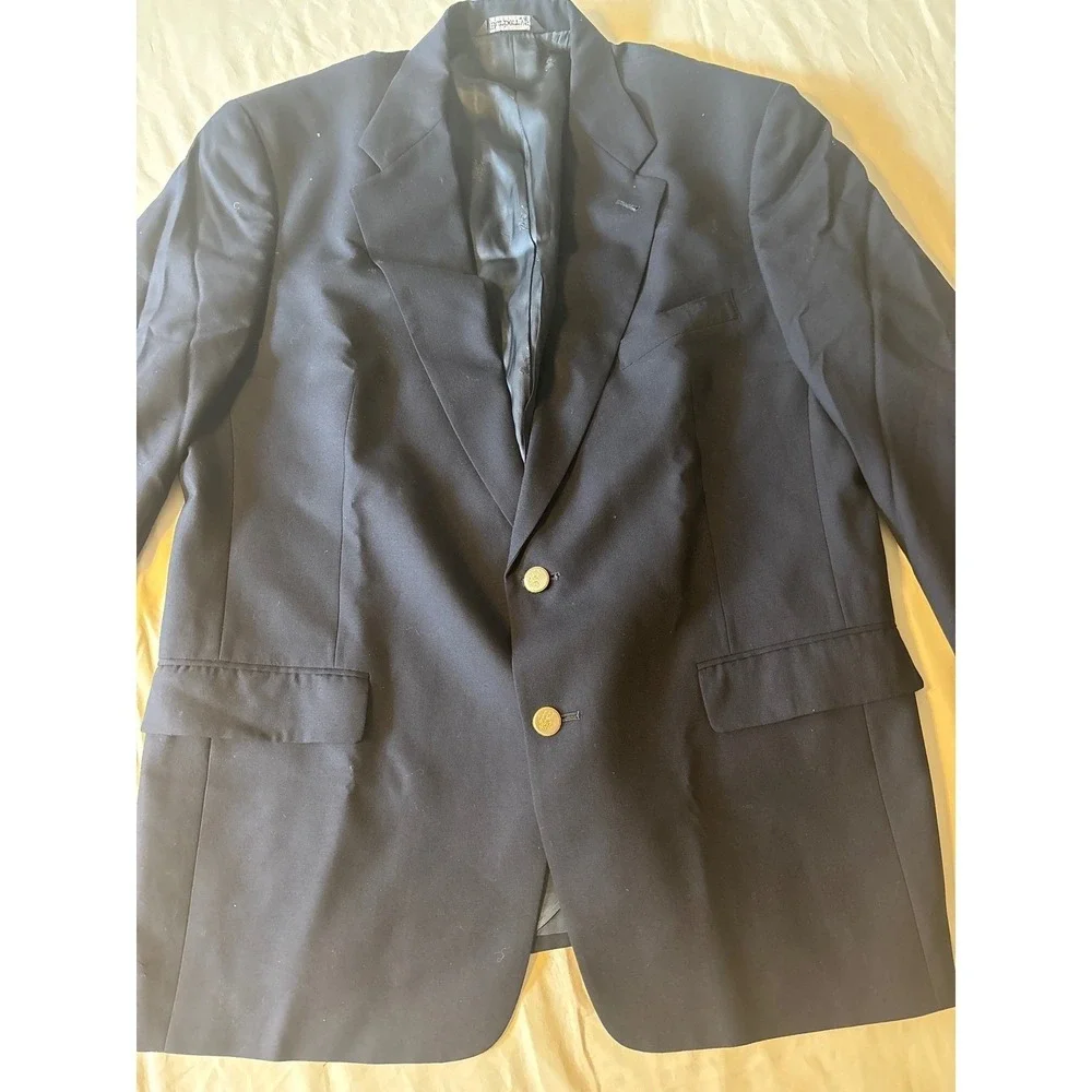 Vtg Burberry Blazer 100S Wool Mens 43.5L Navy Blue Gold Button
